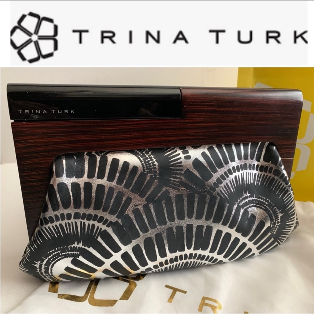 ✨RARE✨ TRINA TURK METALLIC LEATHER + WOOD Clutch Bag Purse NEW